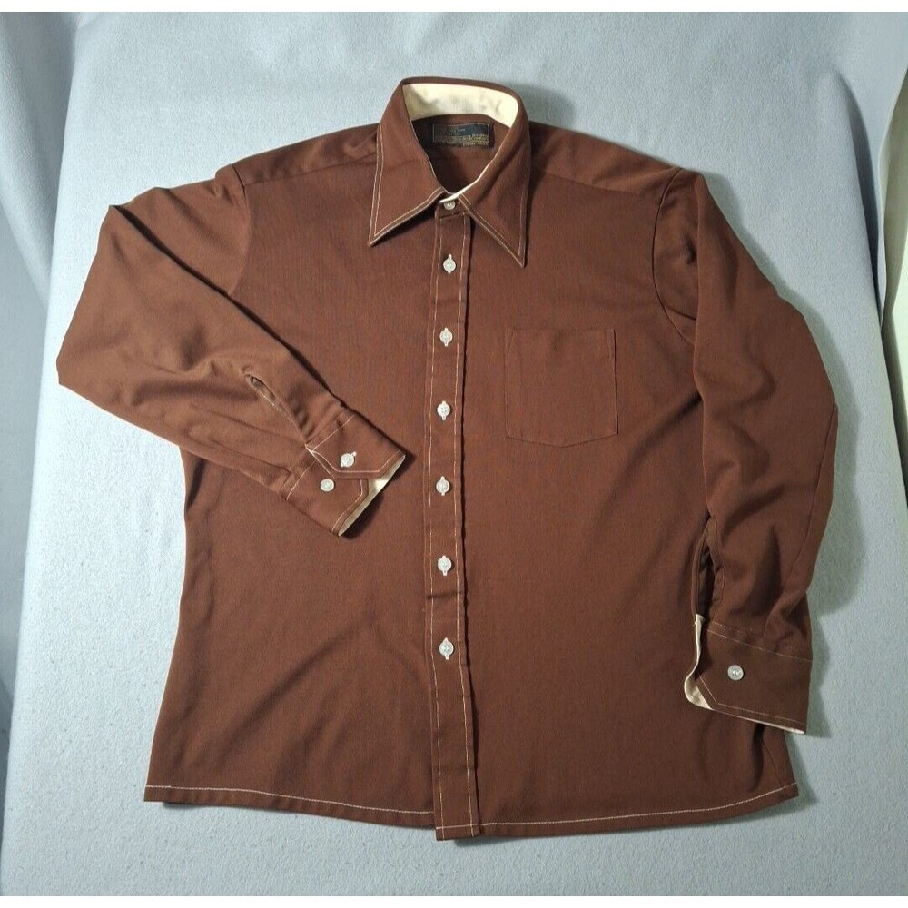 True Vintage Sears Brown Polyester Dress Shirt with Cream Contrast Dagger Collar